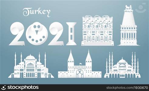 November 19, 2021: Sets of top famous landmark of Turkey country for travel and tour. Vector illustration design in paper cut and craft style on blue background.