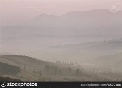 November foggy morning in Carpathian mountains.