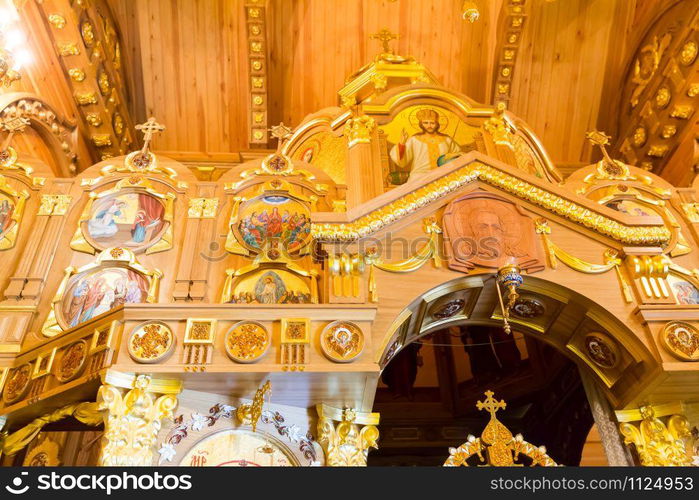 Novi Petrivtsi, Ukraine - May 27, 2015 Mezhigirya residence of ex-president of Ukraine Yanukovich. Close up of church interior inside the house. Mezhigirya residence of Yanukovich