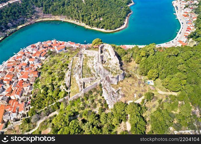 Novigrad Dalmatinski bay panoramic aerial view, Dalmatia archipelago of Croatia