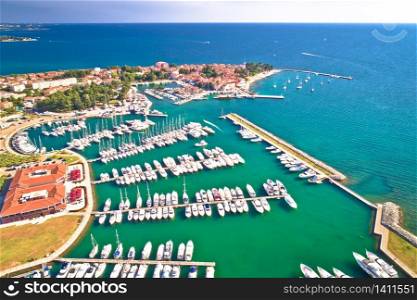 Novigrad Istarski historic Adriatic coastal town coast and marina aerial view, Istra region of Croatia