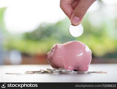 nserting a coin into a piggy bank on wooden floor, Hand puts a coin in the piggy bank on nature background