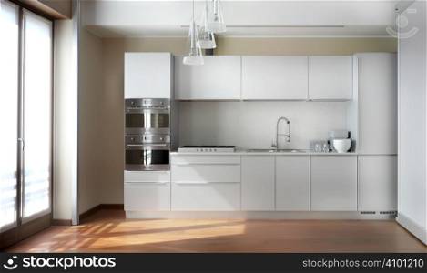 nterior of big white kitchen in apartment