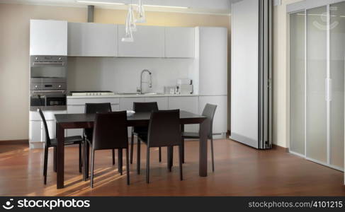 nterior of big white kitchen in apartment
