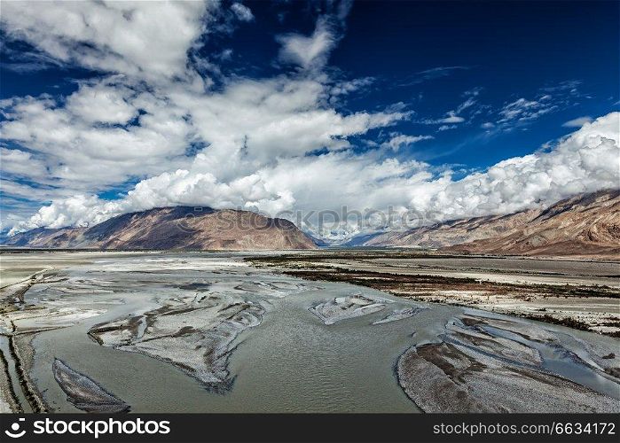 Nubra valley and Nubra river in Himalayas. Ladakh, Jammu and Kashmir, India. Nubra valley and river in Himalayas, Ladakh