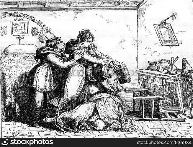 Nuccia beats witch, vintage engraved illustration. Magasin Pittoresque 1857.