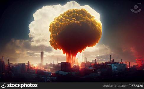 Nuclear bomb explosion, mushroom cloud over industrial nuclear plant zone, 3D illustration. Nuclear bomb explosion