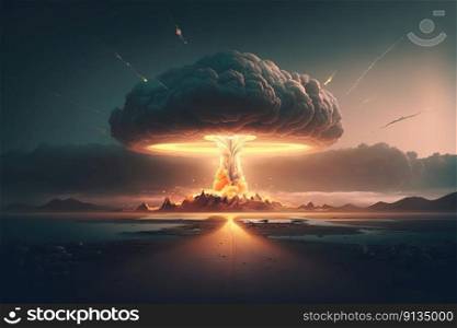 Nuclear Bomb Explosion with Mushroom Cloud Created with Generative AI Technology