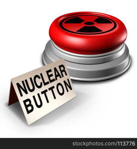 Nuclear button war threat concept as an atomic bomb launcher on a desk as a dangerous missile launch symbol as a 3D illustration.