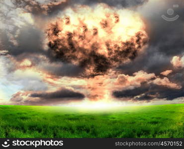 Nuclear explosion in an outdoor setting. Symbol of environmental protection and the dangers of nuclear energy.