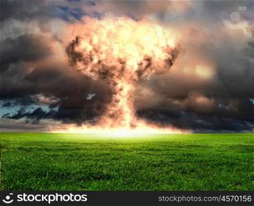 Nuclear explosion in an outdoor setting. Symbol of environmental protection and the dangers of nuclear energy.