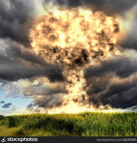 Nuclear explosion in an outdoor setting. Symbol of environmental protection and the dangers of nuclear energy.