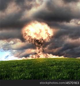 Nuclear explosion in an outdoor setting. Symbol of environmental protection and the dangers of nuclear energy.
