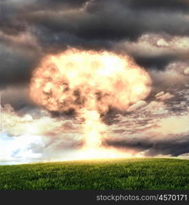 Nuclear explosion in an outdoor setting. Symbol of environmental protection and the dangers of nuclear energy.