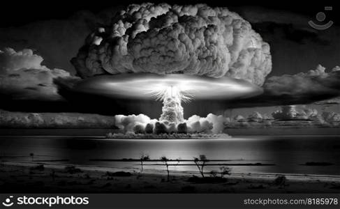 Nuclear explosion in black and white. Nuke bomb mushroom radioactive cloud. Generative AI.. Nuclear explosion in black and white. Nuke bomb mushroom radioactive cloud. Generative AI 
