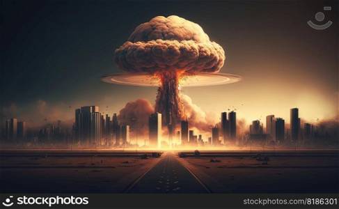 Nuclear explosion in city. Nuke bomb mushroom radioactive cloud. Generative AI.. Nuclear explosion in city. Nuke bomb mushroom radioactive cloud. Generative AI 