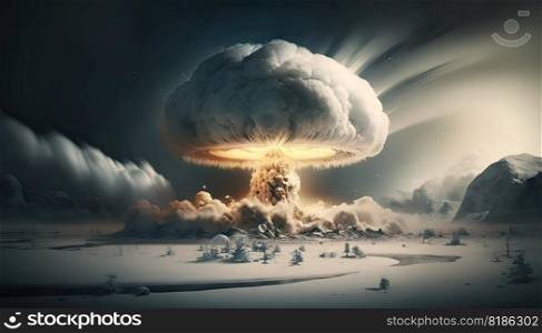 Nuclear explosion in the arctic snow fields. Nuke bomb mushroom radioactive cloud. Generative AI.. Nuclear explosion in the arctic snow fields. Nuke bomb mushroom radioactive cloud. Generative AI 