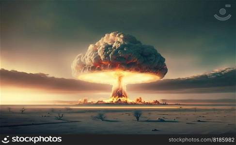 Nuclear explosion in the desert. Nuke bomb mushroom radioactive cloud. Generative AI.. Nuclear explosion in the desert. Nuke bomb mushroom radioactive cloud. Generative AI 