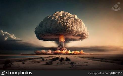 Nuclear explosion in the desert. Nuke bomb mushroom radioactive cloud. Generative AI.. Nuclear explosion in the desert. Nuke bomb mushroom radioactive cloud. Generative AI 