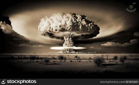 Nuclear explosion in the desert. Sepia colors. Nuke bomb mushroom radioactive cloud. Generative AI.. Nuclear explosion in the desert. Sepia colors. Nuke bomb mushroom radioactive cloud. Generative AI 