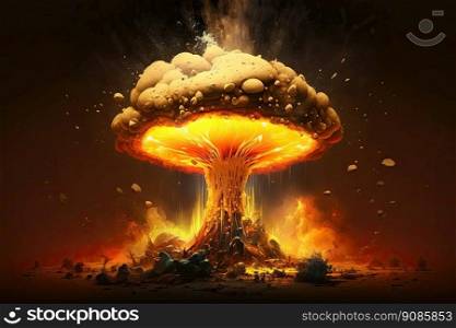 Nuclear explosion, mushroom cloud of exploding atomic bomb burning in empty place. Armageddon concept. Generative AI