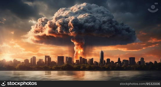 Nuclear Explosion’s Mushroom Cloud over City Skyline. Generative ai. High quality illustration. Nuclear Explosion’s Mushroom Cloud over City Skyline. Generative ai