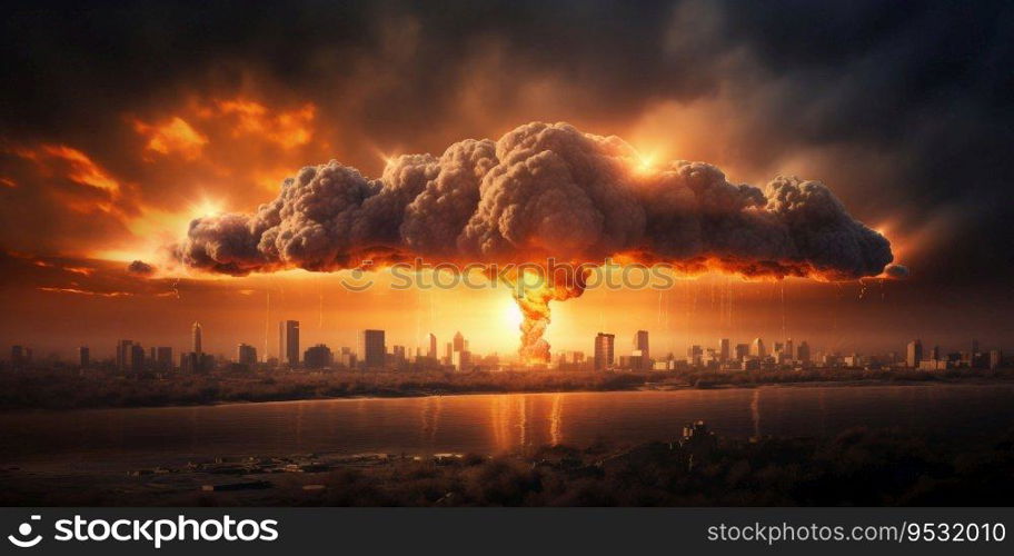 Nuclear Explosion’s Mushroom Cloud over City Skyline. Generative ai. High quality illustration. Nuclear Explosion’s Mushroom Cloud over City Skyline. Generative ai