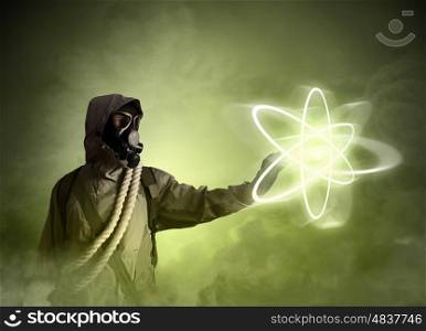 Nuclear future. Image of stalker touching media sign. Pollution and disaster