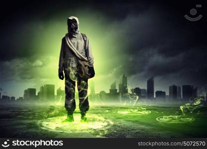 Nuclear future. Image of stalker touching media sign. Pollution and disaster