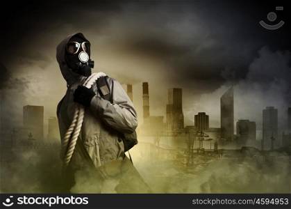 Nuclear future. Stalker against nuclear background. Disaster and pollution