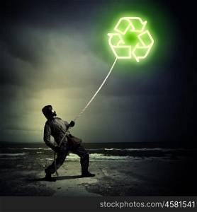 Nuclear future. Stalker against nuclear background. Disaster and pollution. Recycle concept