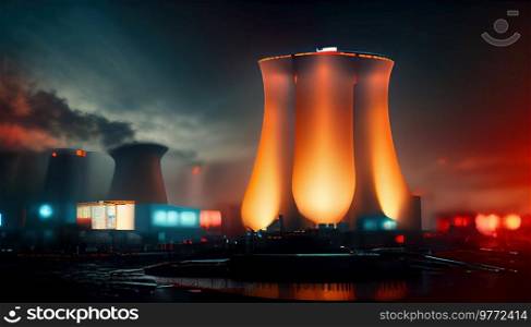 Nuclear plant chimney illuminated in night illustration, nuclear energie industry concept. Nuclear plant illustration