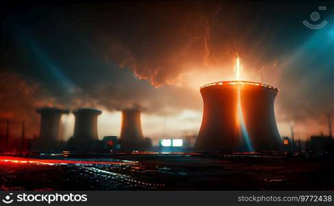 Nuclear plant illuminated in night illustration, nuclear energie industry concept. Nuclear plant illustration