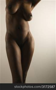 Nude African American mid adult female body standing.