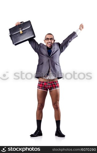 Nude businessman with briefcase on white