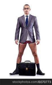 Nude businessman with briefcase on white