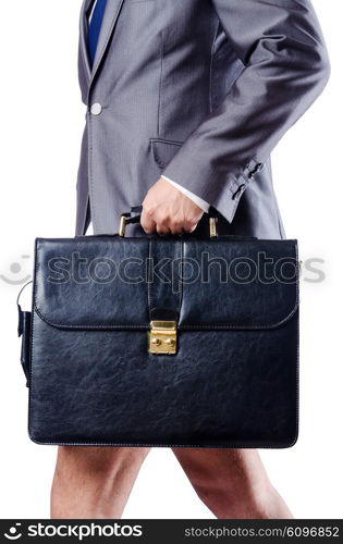 Nude businessman with briefcase on white