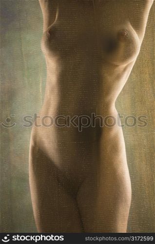 Nude Caucasian woman standing with arms raised over head.