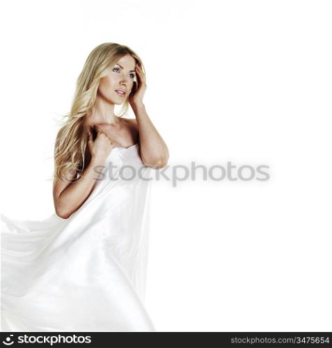 nude woman covered with white silk isolated on white