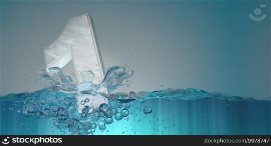 Number 1 in thick letters seen from the front sinking into the water splashing with drops producing bubbles underwater on a blue background. 3D Illustration. Number 1 in thick letters seen from the front sinking in the water splashing with drops producing bubbles on a blue background. 3D Illustration