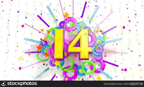 Number 14 for promotion, birthday or anniversary on an explosion of confetti, stars, lines and circles of purple, blue, yellow, red and green colors on a white background. 3d illustration. Number 14 for promotion, birthday or anniversary over an explosion of colored confetti, stars, lines and circles on a white background. 3d illustration