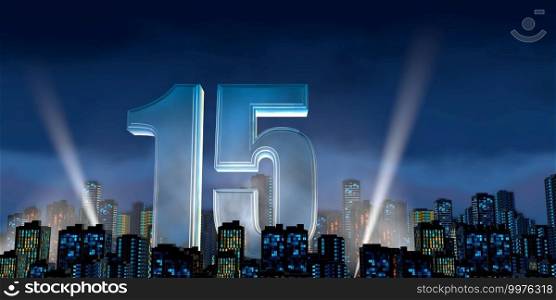 Number 15 in thick blue font lit from below with white light reflectors floating in the middle of a city center with tall buildings with blue lights on at night with cloudy sky. 3D Illustration. Number 15 in thick blue font lit from below with floodlights floating in the middle of a city center with tall buildings with lights on at night with cloudy sky. 3D Illustration