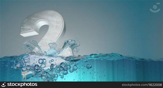 Number 2 in thick letters seen from the front sinking into the water splashing with drops producing bubbles underwater on a blue background. 3D Illustration. Number 2 in thick letters seen from the front sinking in the water splashing with drops producing bubbles on a blue background. 3D Illustration