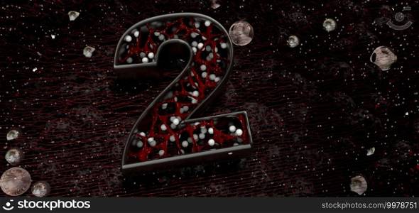 Number 2 in thick letters with organic red structure and white balls inside on a black stone background with texture of red lines and glass spheres. 3D Illustration. Number 2 in thick letters with an organic red structure inside on a background of black stone with texture of red lines and glass spheres. 3D Illustration