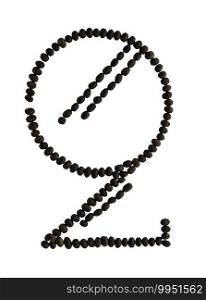 Number 2 made from roasted coffee seeds isolated on white background with clipping path from the top view can use for your messages. Selective focus.