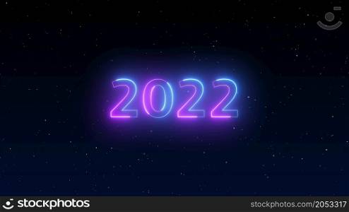 number 2022 neon light bright glowing. 2022 happy New Year dark night sky background with decoration with neon number on Purple and blue background. illustration winter holiday greeting card template