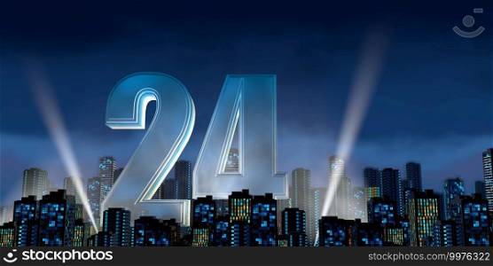 Number 24 in thick blue font lit from below with white light reflectors floating in the middle of a city center with tall buildings with blue lights on at night with cloudy sky. 3D Illustration. Number 24 in thick blue font lit from below with floodlights floating in the middle of a city center with tall buildings with lights on at night with cloudy sky. 3D Illustration
