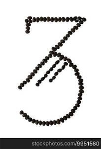 Number 3 made from roasted coffee seeds isolated on white background with clipping path from the top view can use for your messages. Selective focus.