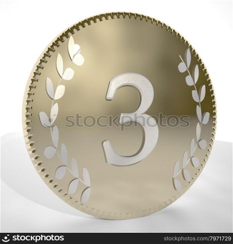 Number 3 over golden coin with laurel leaves, 3d render, square image