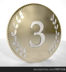 Number 3 over golden coin with laurel leaves, 3d render, square image